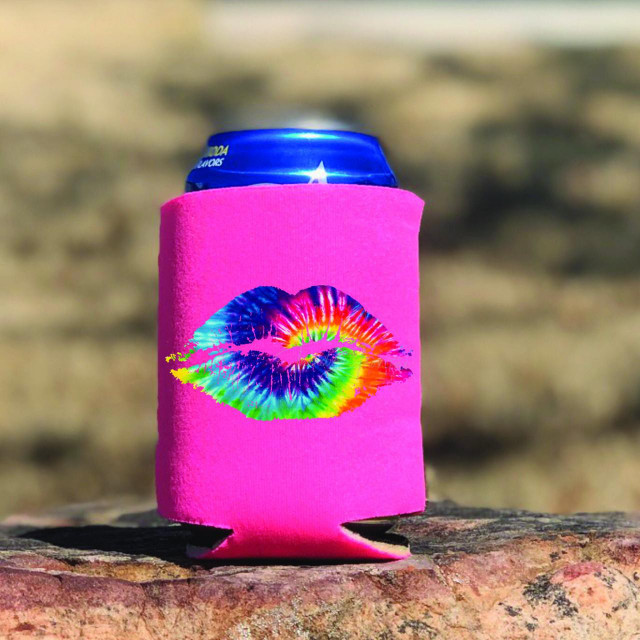 Tie Dye Lips HAT/CAN HUGGER Screen Print Heat Transfer, pink can holder with rainbow-colored lips print design.