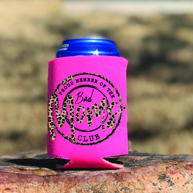 Bad Moms Club POCKET/CAN HUGGER Screen Print Transfers, pink can cooler with leopard print 'Bad Moms' logo and text.
