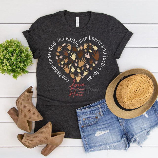Love Over Hate One Nation United Screen Print Heat Transfer T-shirt, featuring a heart shape made of diverse hand illustrations with the slogan 'Love Over Hate' underneath.