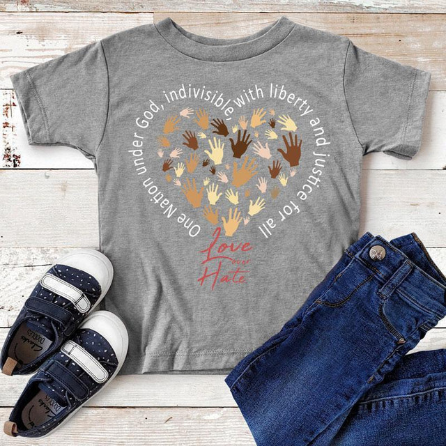 Love Over Hate One Nation United Youth Screen Print Heat Transfer, gray T-shirt with multicolored hands forming a heart, emphasizing unity and love.