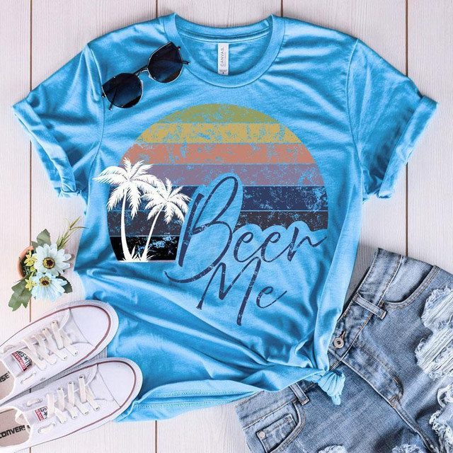 Beer Me Screen Print Transfer, summer-themed T-shirt with palm trees and sunset design.