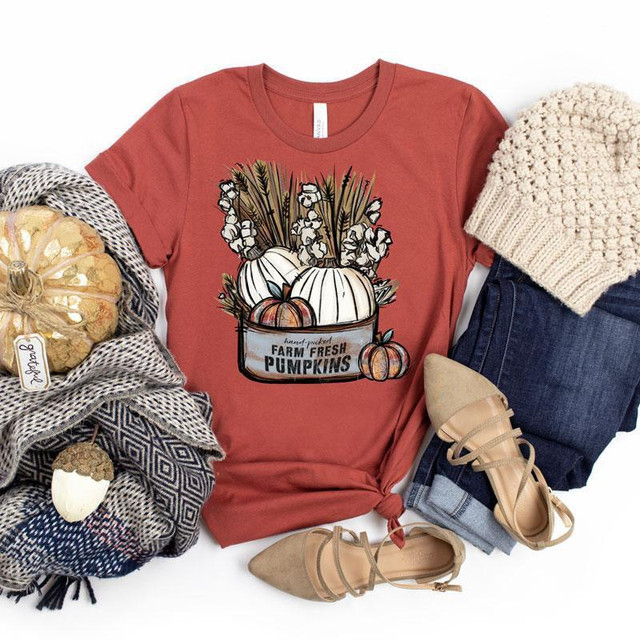 Farm Fresh Pumpkins Screen Print Heat Transfer, fall-themed apparel with pumpkins and floral design on a rust-colored t-shirt, surrounding fall accessories.