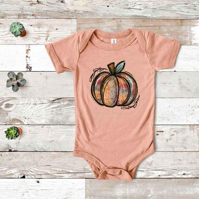 Tie Dye Pumpkin INFANT Screen Print Heat Transfer, infant short-sleeve pumpkin-themed t-shirt with tie-dye print on pumpkin design, suitable for Halloween or fall season.