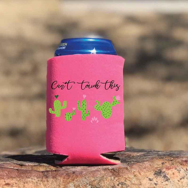 Can't Touch This Hat/Can Hugger Screen Print Heat Transfer, pink can hugger with green cacti and text.