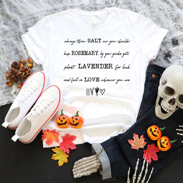Always Throw Salt Practical Magic Spell Sublimation Transfer, white T-shirt with black printed text and symbols for Halloween or witchcraft theme.