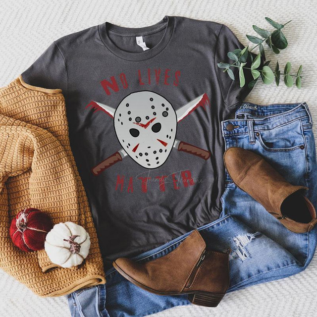 No Lives Matter Screen Print Heat Transfer, black t-shirt featuring Jason Voorhees' hockey mask and crossed knives design.