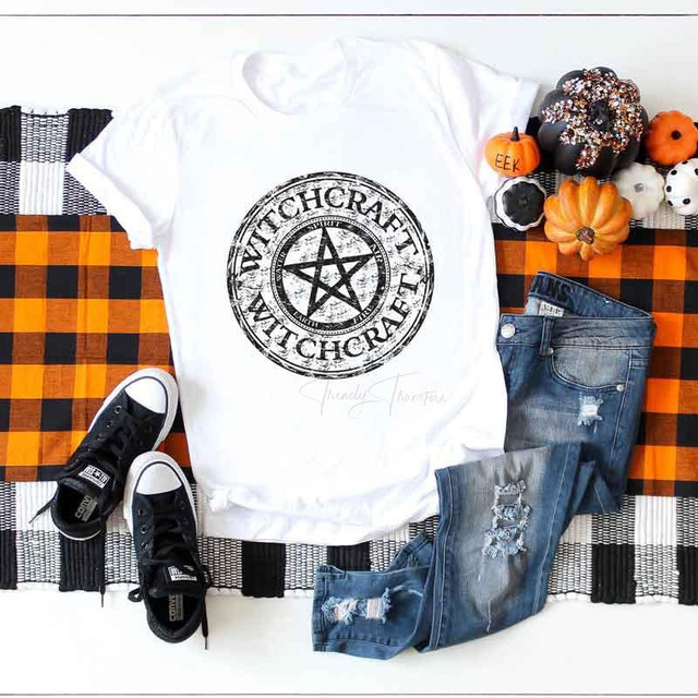 Witchcraft Circle Sublimation Transfer, the product features a black circular design with a pentagram and the words 'Witchcraft' on a white fabric.