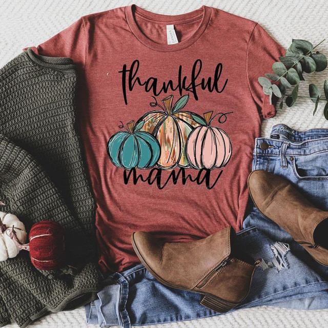 Thankful Mama Pumpkins Screen Print Heat Transfer, image of a pink t-shirt with a pumpkin design and the phrase "thankful mama" in black script.
