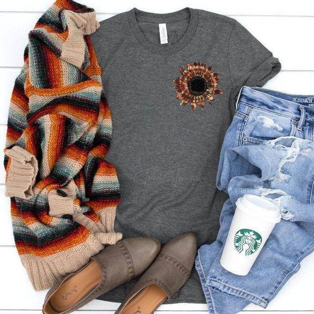 Tie Die Sunflower HAT/POCKET Screen Print Heat Transfer, clothing and accessories including a sunflower graphic on a gray t-shirt, distressed denim shorts, a colorful striped cardigan, taupe shoes, and a Starbucks coffee cup.