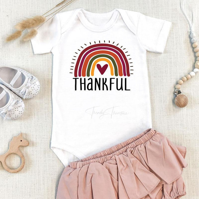 Thankful Rainbow INFANT Screen Print Transfer, baby onesie featuring a colorful rainbow, heart, and thankful message.