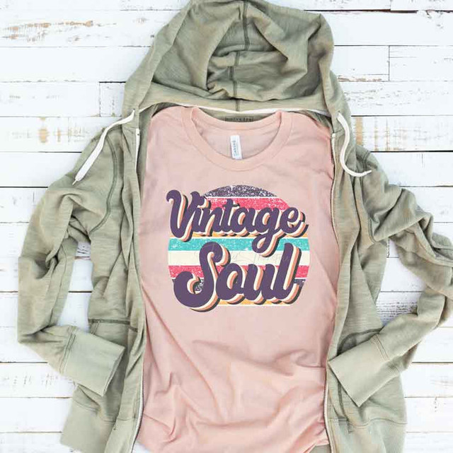 Vintage Soul Screen Print Heat Transfer, a vintage-inspired design with colorful stripes and bold lettering on a pink T-shirt.