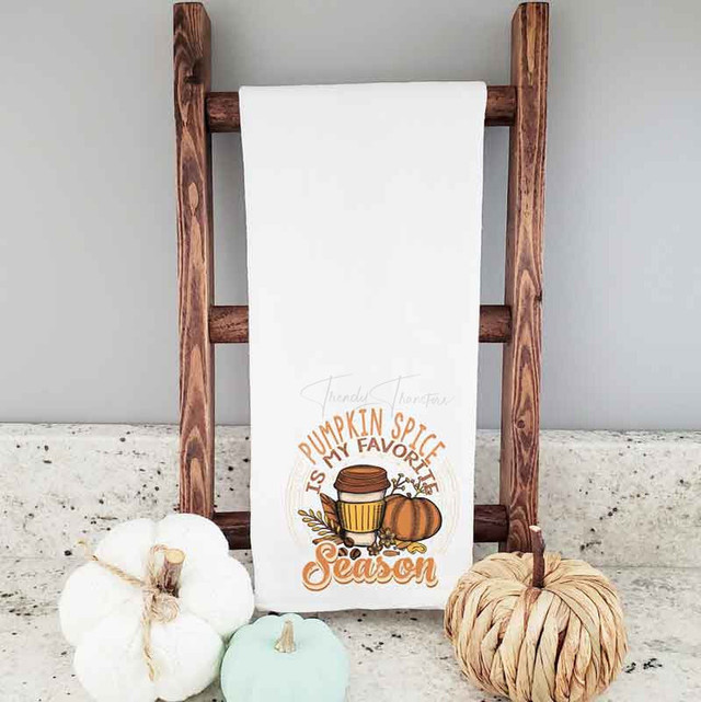 Pumpkin Spice Tea Towel Screen Print Heat Transfer, white tea towel with pumpkin spice-themed design.