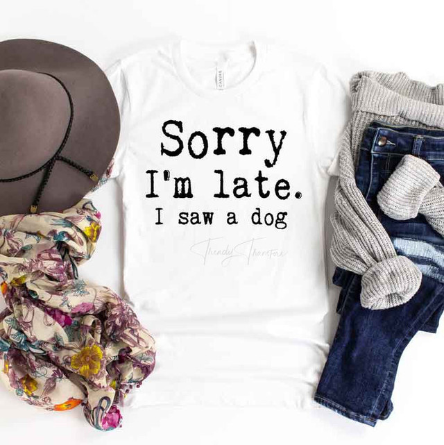 Sorry I'm Late I Saw A Dog Sublimation Transfer, a white t-shirt with this humorous text design, surrounded by accessories including a gray hat, a floral scarf, and folded jeans and sweaters.