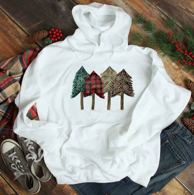 Pattern Christmas Trees Sublimation Transfer, white hoodie with Christmas tree design featuring plaid and patterned trees.