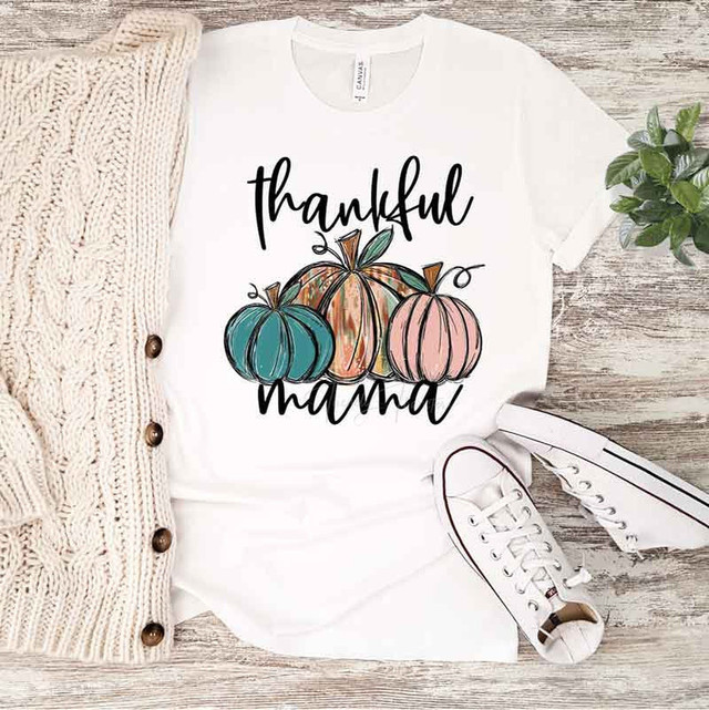 Thankful Mama Sublimation Transfer, autumn pumpkins and handwritten style typography.