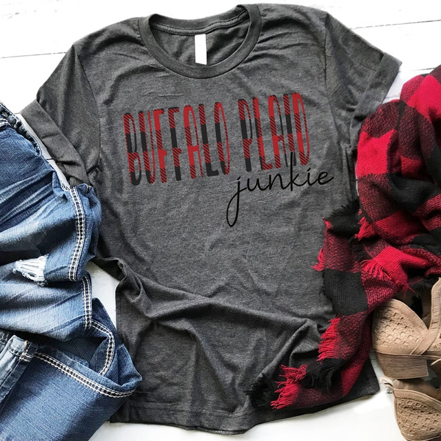 Buffalo Plaid Junkie Screen Print T-shirt, casual dark gray shirt with red and black buffalo plaid design and stylish black script text.
