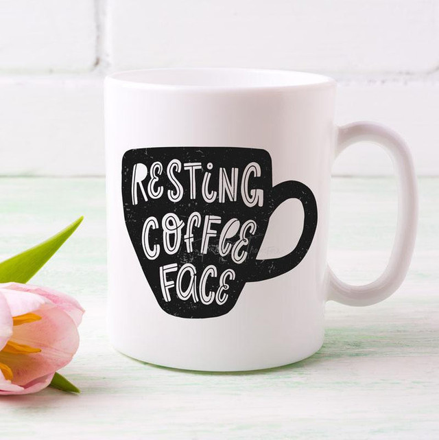 Resting Coffee Face Sublimation Transfer, white ceramic mug with a black coffee cup graphic and playful text design for coffee lovers.
