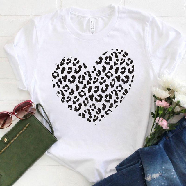 Leopard Heart Sublimation Transfer, white T-shirt with black leopard print heart design.
