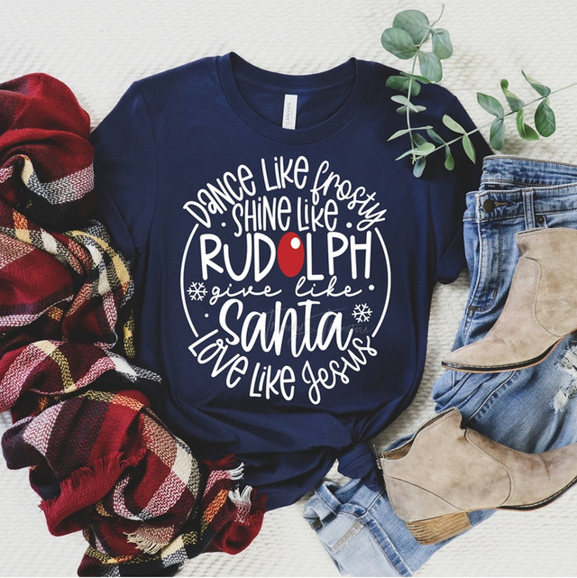 Dance Like Frosty Screen Print Heat Transfer, navy blue t-shirt with white and red holiday-themed text and illustrations.