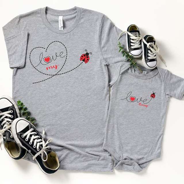 Love Bug INFANT Screen Print Heat Transfer, gray matching t-shirt and onesie with love bug design and heart details.