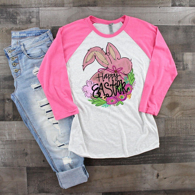 Hoppy Easter Bunny Sublimation Transfer, a pink and white long sleeve shirt with a bunny and floral Easter design.