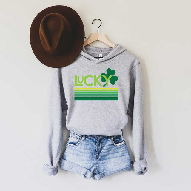 Lucky Screen Print Heat Transfer, green and yellow graphic design on a light grey hoodie.