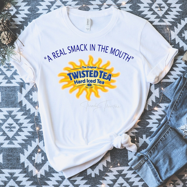 Twisted Tea Smack In the Mouth Sublimation Transfer, a custom graphic design on a white t-shirt with the tagline "A Real Smack in the Mouth" and a vibrant yellow sunburst logo.