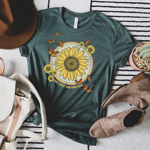 Free Spirit And Kind Soul Screen Print Transfer, a T-shirt featuring a sunflower and butterflies design with the quote 'Free Spirit and Kind Soul'