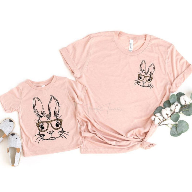 Leopard Bunny Glasses HAT/POCKET Screen Print Heat Transfer, pink T-shirts with bunny face designs wearing glasses and additional floral decoration.
