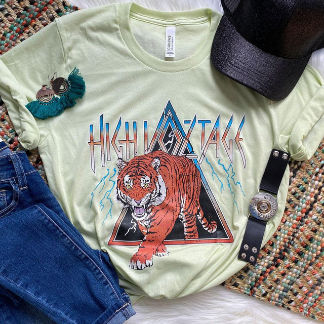 High Voltage Tiger Screen Print Heat Transfer, colorful graphic T-shirt with a tiger and lightning design.
