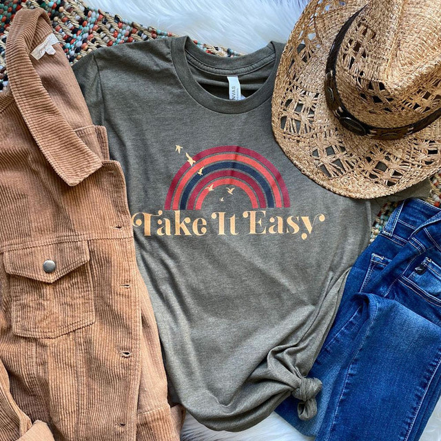 Take It Easy Rainbow Screen Print Heat Transfer T-shirt, featuring a colorful rainbow and birds design on a gray fabric.