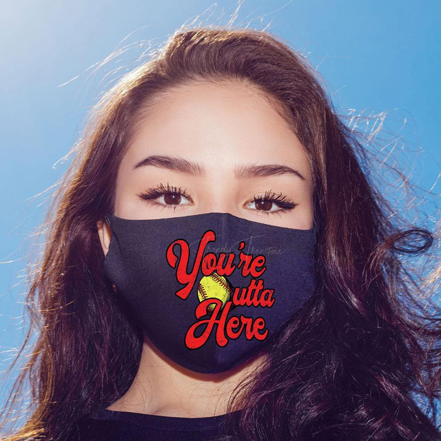 You're Outta Here Softball POCKET Screen Print Heat Transfer, custom face mask with softball graphic and red text.