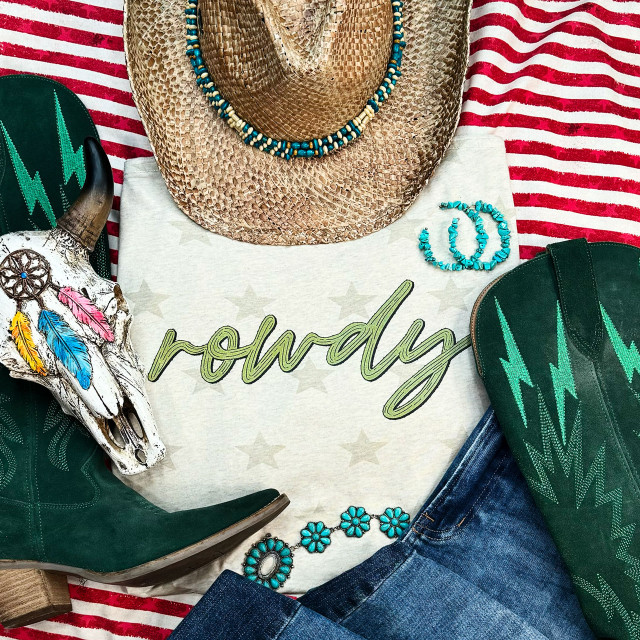 Rowdy Screen Print Heat Transfer, Western-themed cowgirl fashion accessories and clothing items.