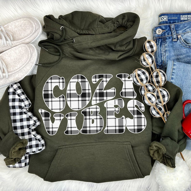 Cozy Vibes Buffalo Plaid Screen Print Heat Transfer