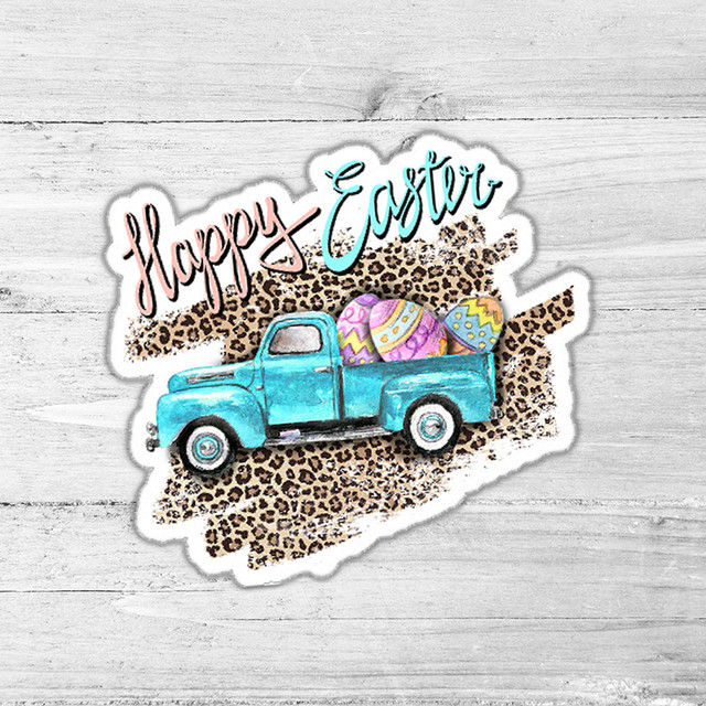 Happy Easter Leopard Truck Die Cut Sticker