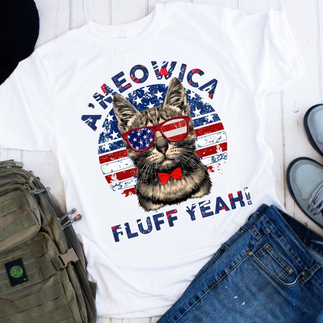 Patriotic Cat aMeowica Fluff Yeah USA Red White and Blue Flag Sublimation Transfer T-shirt featuring a cat with American flag sunglasses and a red bow tie.