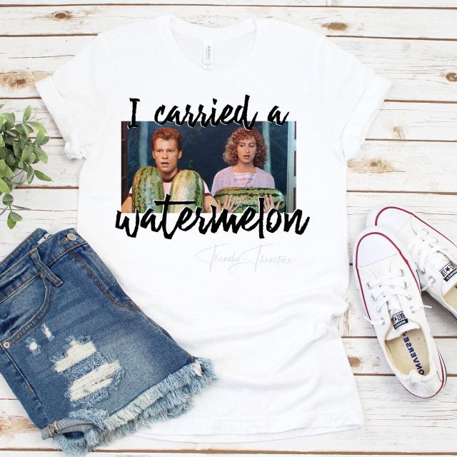 Carried A Watermelon Fan Art Dirty Dancing Sublimation Transfer T-shirt, featuring an image of characters holding watermelons and playful text.