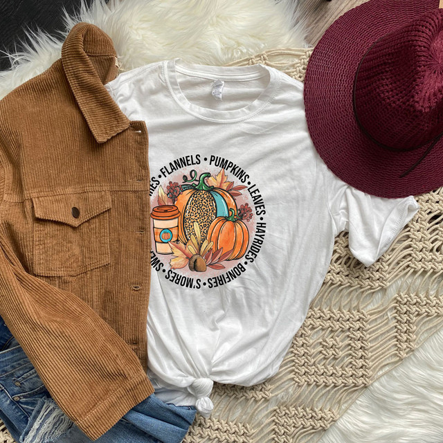 Fall Favorites Sublimation Transfer, Autumn-themed T-shirt with pumpkins, leaves, and cozy fall elements ready for sublimation printing.