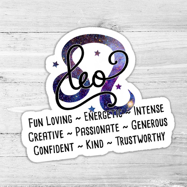 Leo Zodiac Traits Die Cut Sticker, colorful galaxy design with zodiac sign and personality traits listed.