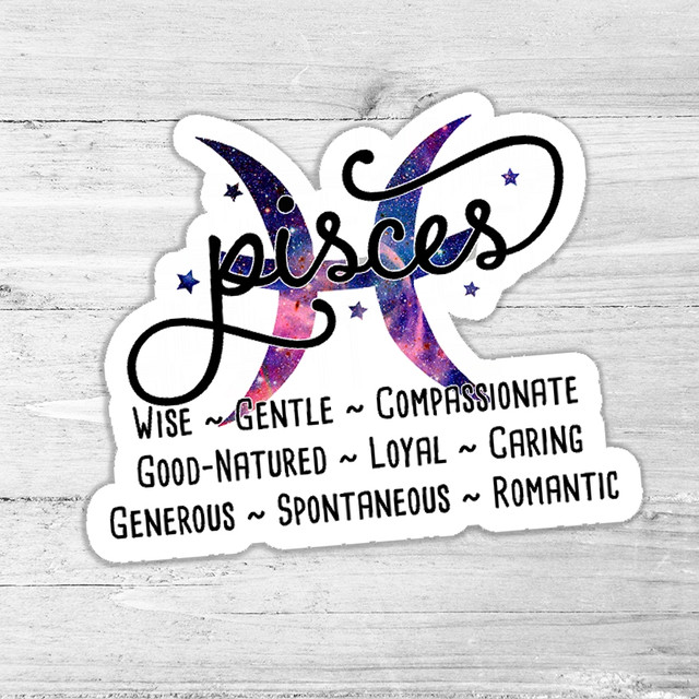 Pisces Zodiac Traits Die Cut Sticker, colorful galaxy design with Pisces symbol and traits like wise, gentle, compassionate, loyal, caring, generous, spontaneous, romantic.