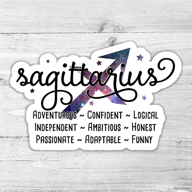 Sagittarius Zodiac Traits Die Cut Sticker, colorful zodiac symbol with the word 'Sagittarius' and traits like adventurous and confident.