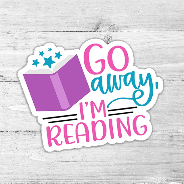 Go Away I'm Reading Die Cut Sticker, colorful sticker with an open book and stars, saying 'Go Away I'm Reading' for book lovers.