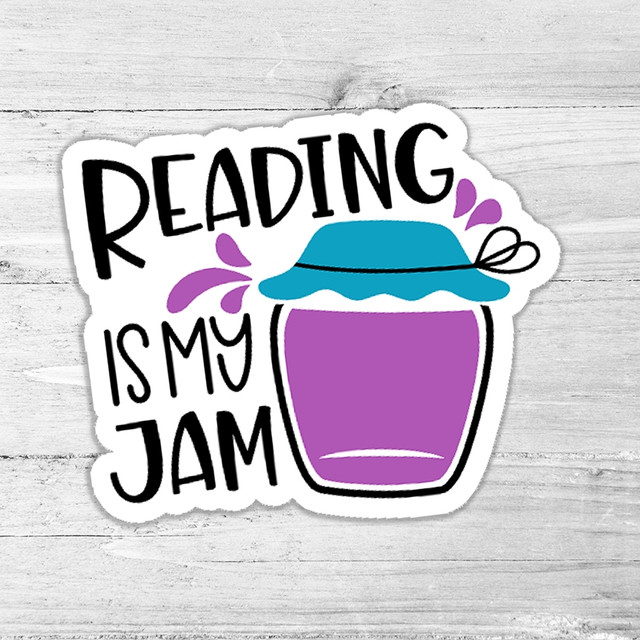Reading Is My Jam Die Cut Sticker, colorful sticker featuring a purple jam jar with a blue lid and the text "Reading Is My Jam" in black, playful font.