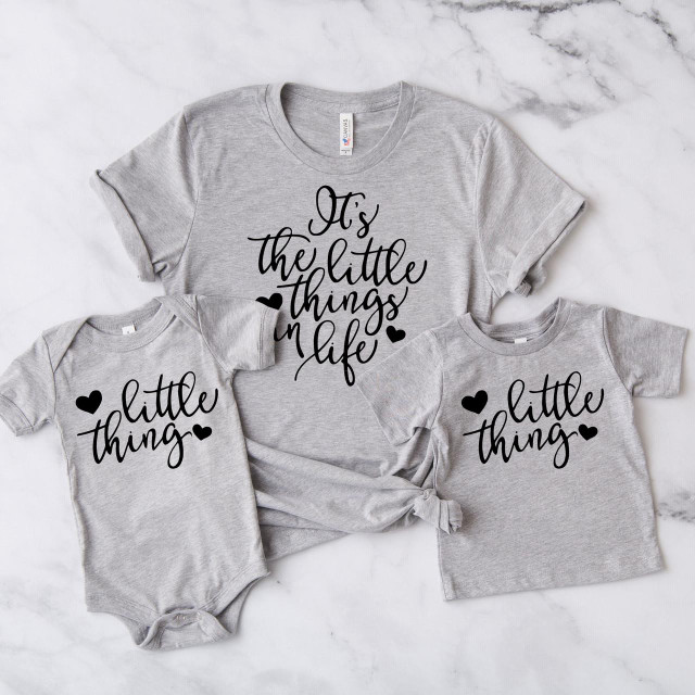 Little Thing YOUTH & INFANT Screen Print Heat Transfer, grey t-shirts with black text and heart designs for children and babies.