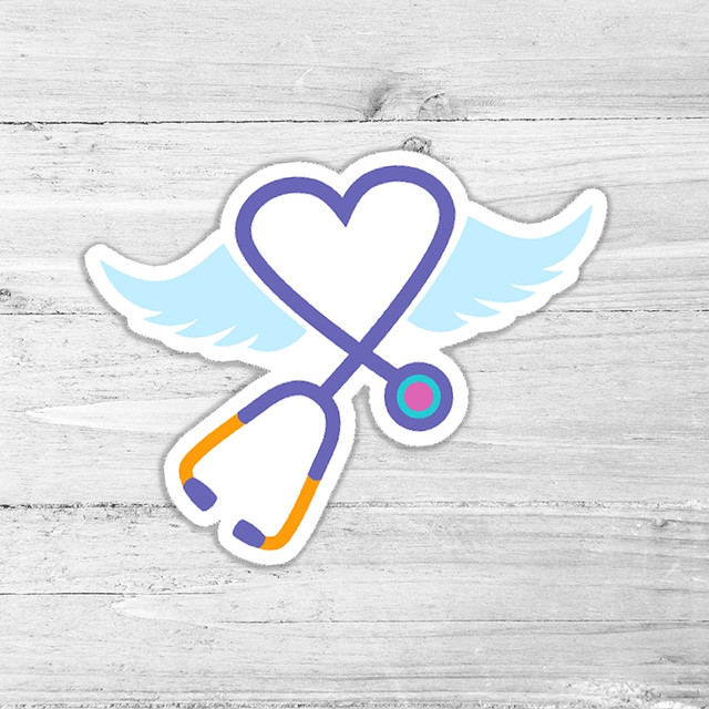 Stethoscope Wings Die Cut Sticker, colorful medical-themed sticker featuring a stethoscope with wings and a heart shape in the center.
