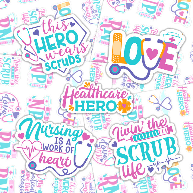 Nurse Set Variety Pack Sticker Sheet, colorful healthcare-themed stickers with phrases like "this hero wears scrubs," "love," "healthcare hero," "nursing is a work of heart," and "livin' the scrub life" along with medical icons.