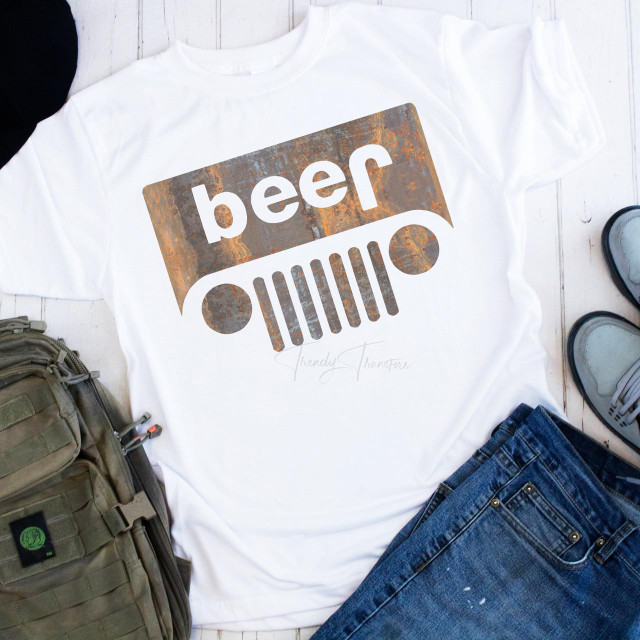 Jeep Beer Funny Grill Sublimation Transfer, prepared for custom apparel printing on a white t-shirt.