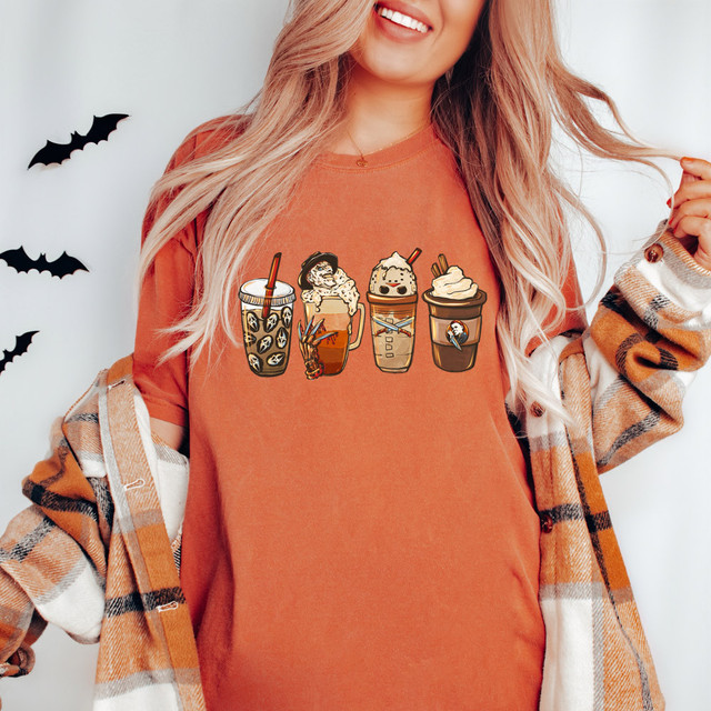 Horror Lattes DTF Transfer, design featuring four spooky Halloween-themed coffee cups with monster and vampire faces, whipped cream, and straw details.