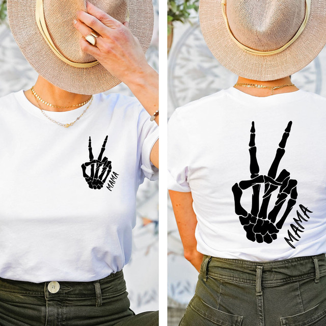 Mama Peace Sign SET Screen Print Heat Transfer, black skeletal hand making peace sign on white T-shirt with 'MAMA' text, front and back views.