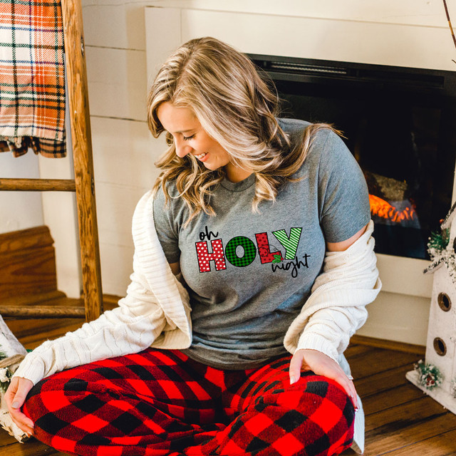 Oh Holy Night Screen Print Heat Transfer, Christmas themed holiday sweatshirt with festive text design.